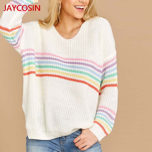 

jaycosin sweater 2019 pullover plus size women knitted stripe patchwork pull femme long sleeve v-neck sweater l300805, White;black