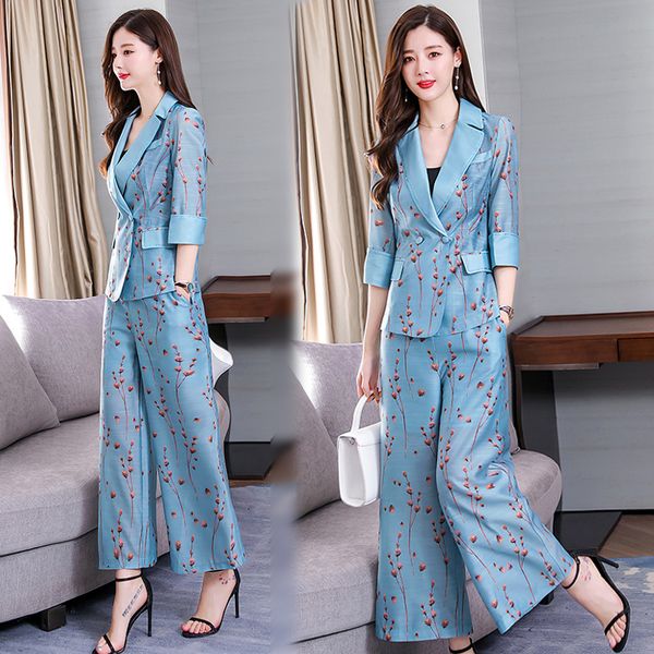

europe and the united states small suit fashion suit temperament printing summer new wide leg pants two setsof ladies loose tide, White;black