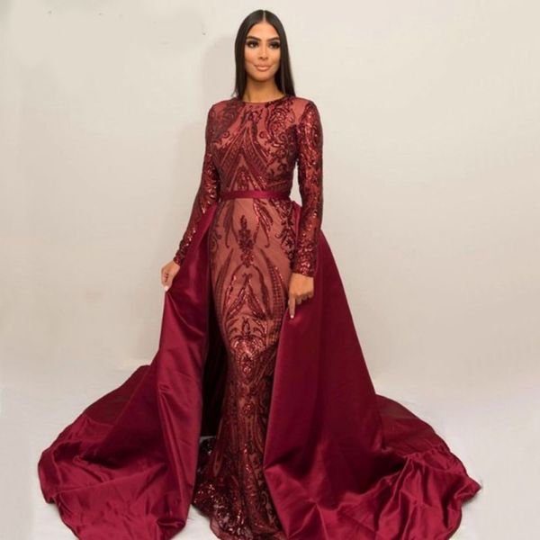 

luxury burgundy formal evening dresses long sleeve zuhair murad dress mermaid jewel neck sequined prom gown with detachable train, Black