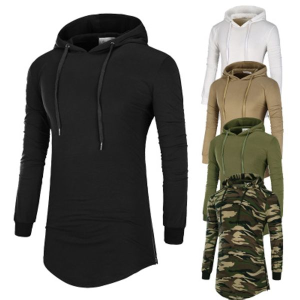 

shirt mens hooded long men t hop hip shirt sleeved zipper bottoming long extended slim camouflage streetwear thin wkcgs, Black