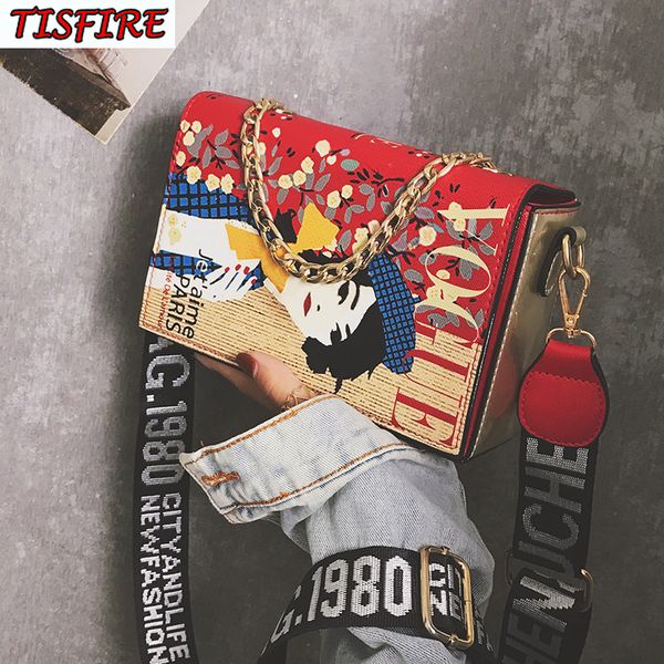 

print anime cartoon personality women bag shoulder messenger chain messenger bag wide shoulder strap letter pack