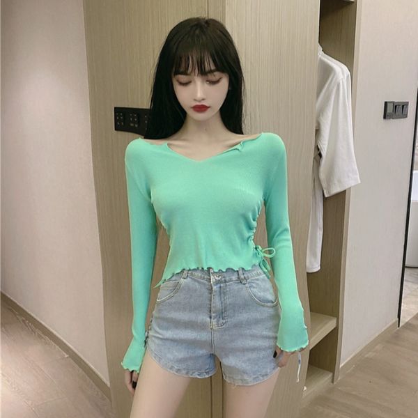 

2020 early autumn new womens v-neck drawstring slim short bottoming shirt solid color all-match long-sleeved t-shirt tide, White