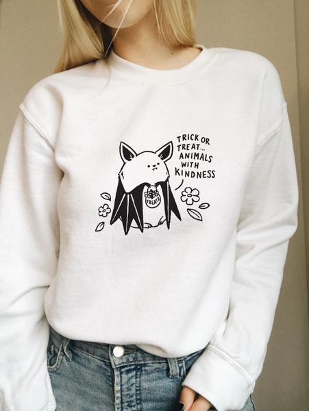 

trick or treat animals with kindness sweatshirt women fashion hipster outfit graphic quote grunge jumper pullovers top, Black