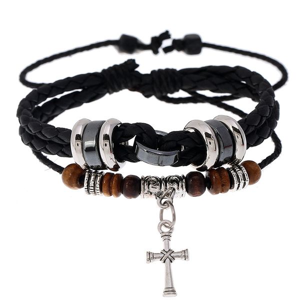 

men's fashion beaded jewelry accessories couples personality vintage cross pendant multi-layer handmade woven bracelet, Golden;silver