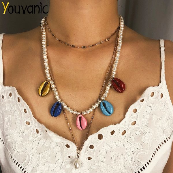 

youvanic fashion boho simulated pearl necklace colorful shell tassel pendant necklace chain choker statement women jewelry 2373, Golden;silver