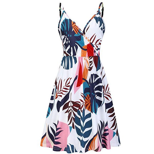 

2019 bohemian dress women summer leaf print v-neck strap casual high waist printing swing dress with pockets vestidos, Black;gray