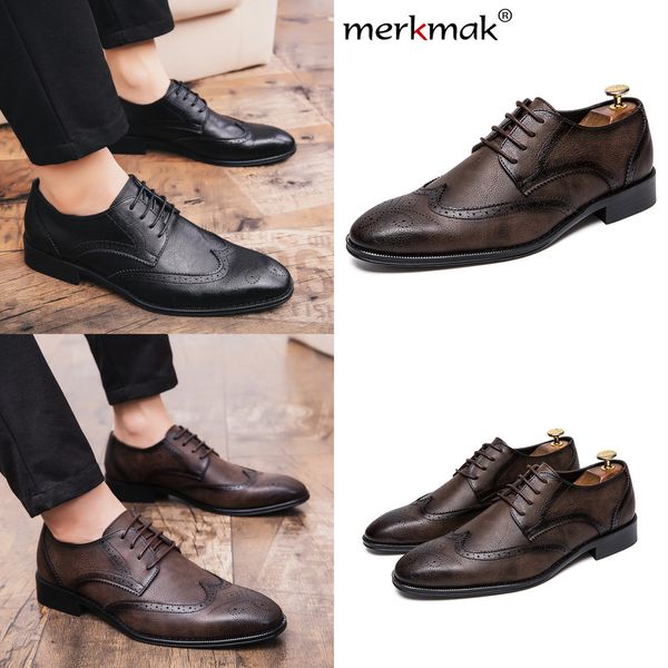 

merkmak new men dress shoes formal wedding genuine leather shoes retro brogue business office men's flats oxfords for men, Black