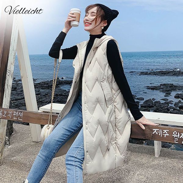 

vielleicht winter women vest casual long hooded waistcoat zipper pocket thicken warm sleeveless sintepon parka vest for female, Black;white
