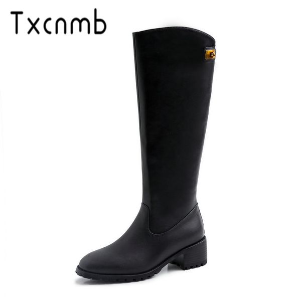 

txcnmb 2019 boots women knee high boots for women winter cow genuine leather square high heel black shoes woman
