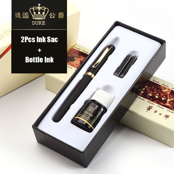 

duke 209 luxury black and gold 0.5mm fountain pen with 2pcs ink sac 1pcs bottle ink metal steel pens for gift ing