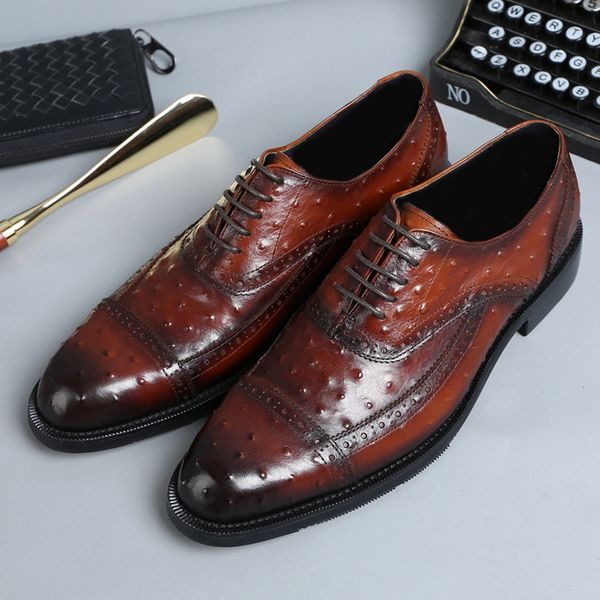 

luxury handmade man wedding goodyear shoes genuine leather welted oxfords round toe formal dress men's semi brogue flats js205, Black