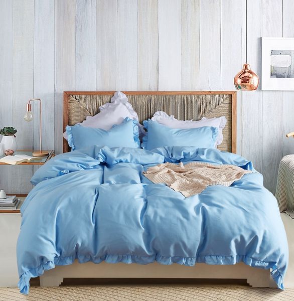 Xmas Holiday Gift Solid Blue Color Flounced Bedding Duvet Cover