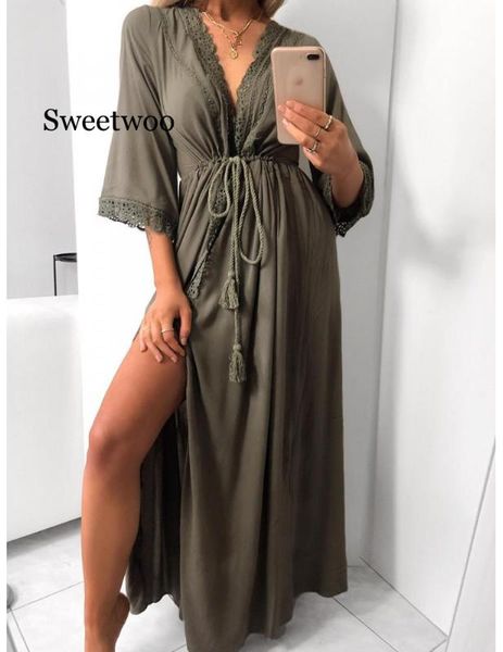 

women deep v-neck mid-sleeve lace up robe fashion ladies solid color cover up beach dress wear long robe with belt, White;black