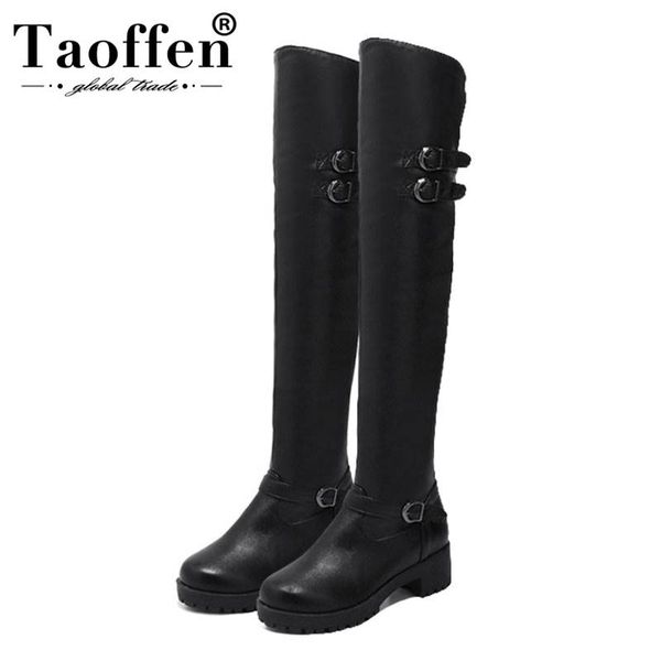 

taoffen women thigh high boots zipper buckle thick heels shoes solid color round toe winter over the knee boots size 34-43, Black