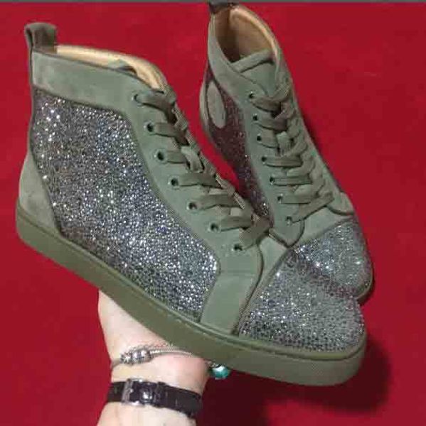 

originals box]paris red bottom men casual sneakers high cut olive green suede with strass rhinestone men flat skate shoes, Black