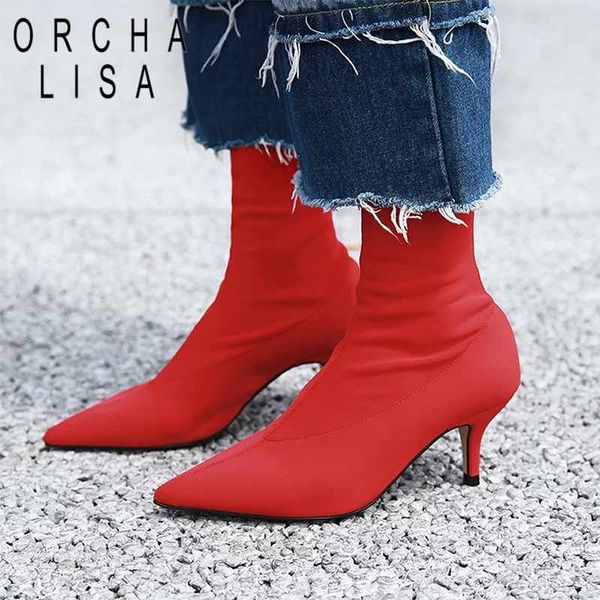 

orcha lisa sock boots women ankle boots thin heel red yellow dress shoes lycra strech pointed toe footwear botas mujer j522, Black