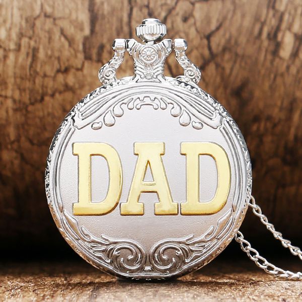

steampunk silver gold dad design pocket watch analog quartz watches men's timepiece necklace pendant chain for father clock gift, Slivery;golden