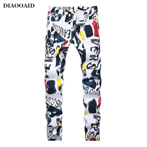 

2020 new fashion men's skinny pencil jeans red printed slim fit denim pants hip hop male denim personality simple trousers, Blue