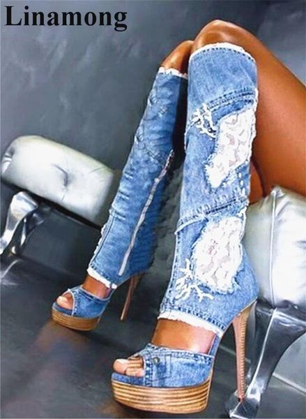 

women fashion combination of denim and lace knee-high boots spring/autumn peep toe super high thin heels platform zip basic shoe, Black