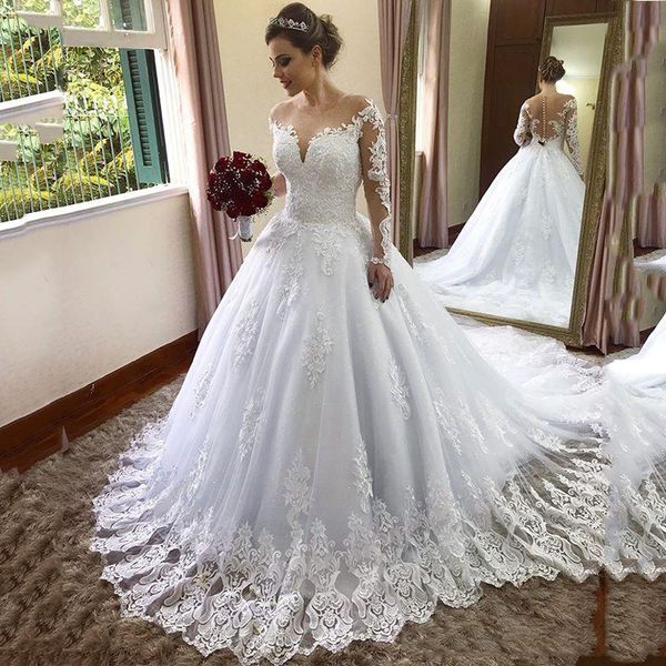 

custom long sleeves lace ball gown wedding dresses 2019 with beaded appliques court trian jewel neck tulle wedding bridal gowns, White