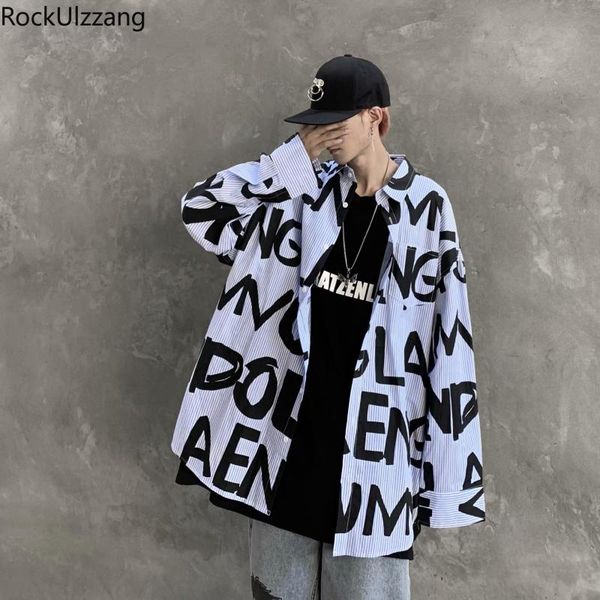 

long sleeve striped graffiti letter contrast print loose blouse streetwear men shirt plus oversized japanese fashion hip hop, White;black