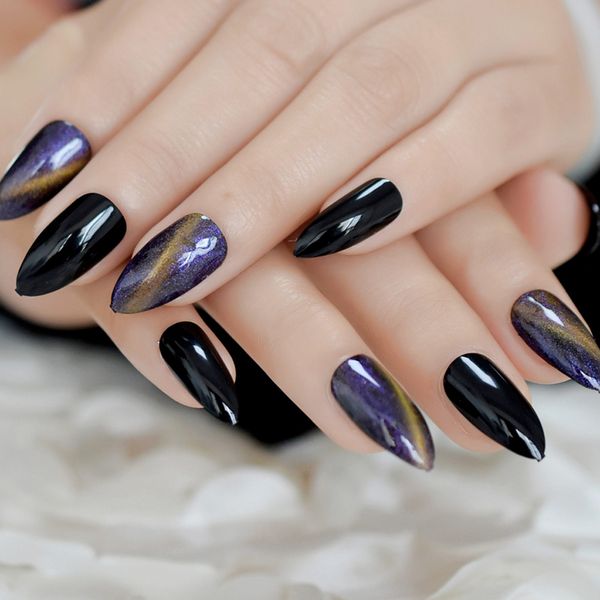 

3d cat eyes stiletto false nails starry sky jade effect uv fake nail tips artificial extension manicure for finger art decor, Red;gold
