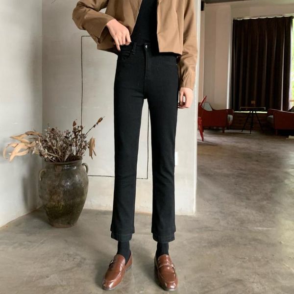 

splice straight tube loose high waist skinny jeans retro students 2020 new spring and summer asymmetrical trim black, Blue