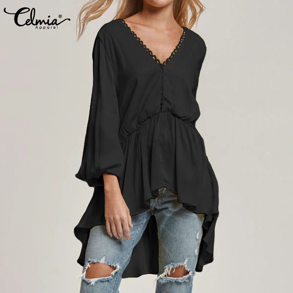 

summer tunic 2019 celmia women long ruffles blouse v neck asymmetric long shirt casual solid backless blusas femininas, White