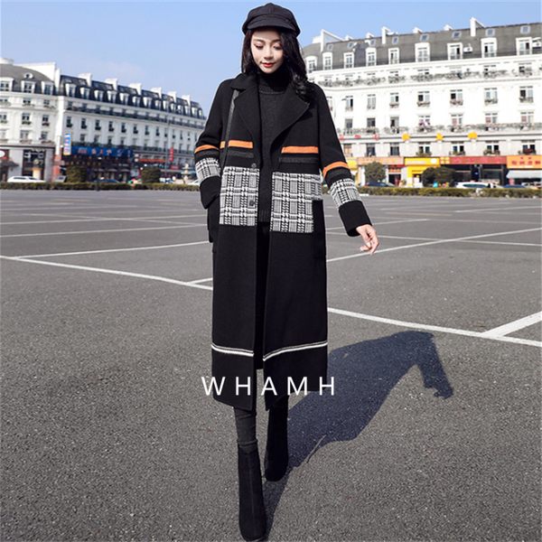 

2019 new women's autumn winter plus size long woolen coat female stitching hit color over knee woolen fashion chinese style top, Black