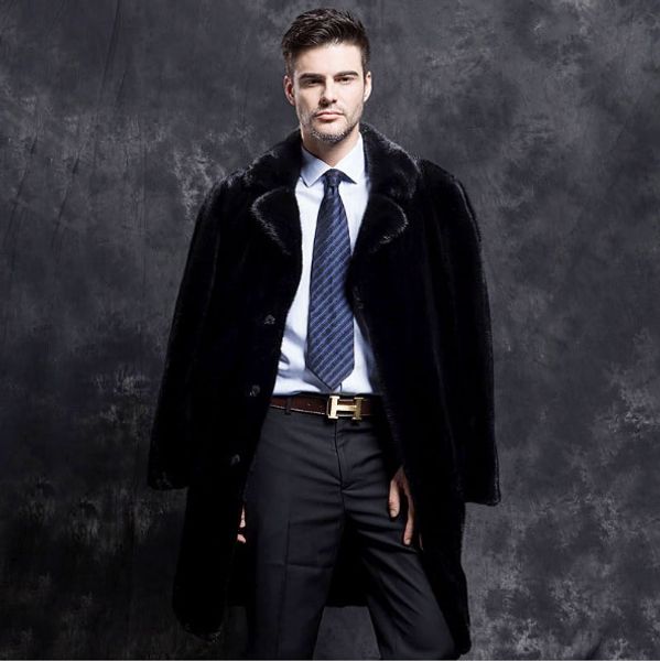 

furry luxury black long mens winter coats 2020 imitation overcoat notched faux fur coat formal leather jacket xl764