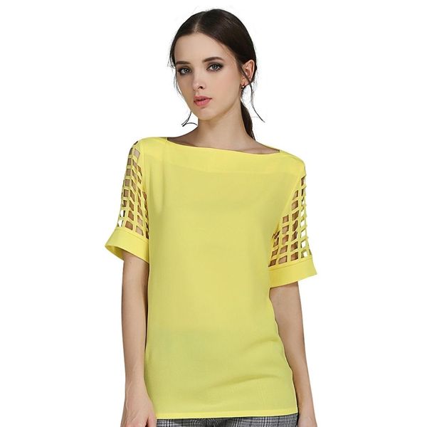 

summer women chiffon blouse women ladies hollow sleeve slash neck loose solid shirts plus size casual, White