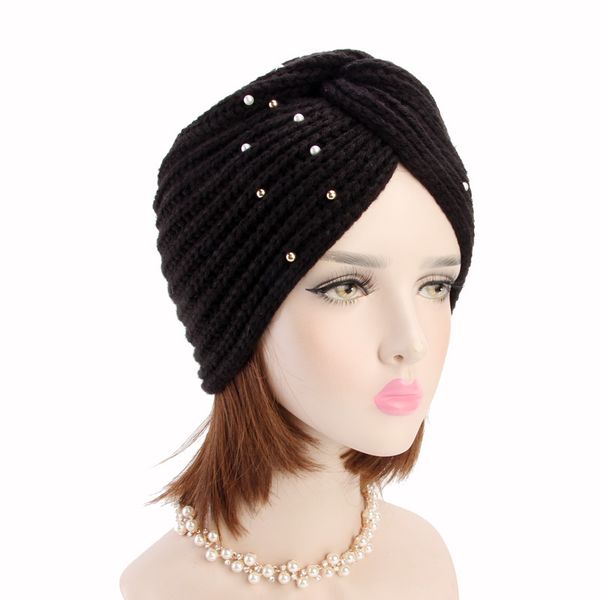 

new luxury women's winter warm beaded knit turban cross twist arab hair wrap beanie for ladies india style cap hair accessories