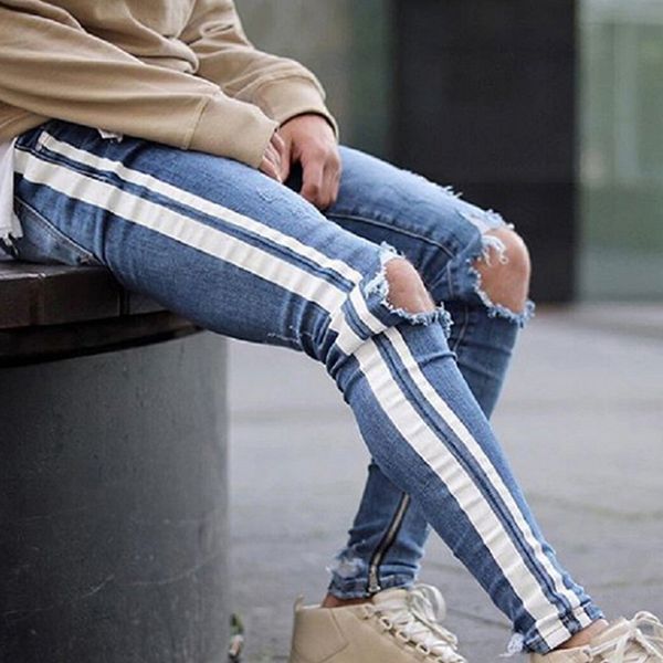 

litthing spring men jeans pencil pants side stripe distressed ripped denim ankle zipper jeans elastic vintage hole hombre z45, Blue