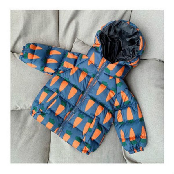 

children designer fashion down coat luxury printing with sunflower pumpkin carrot pattern girls boys fashion clothing kids coat hot, Blue;gray