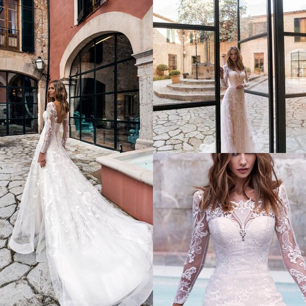 

nora naviano 2019 свадебные платья иллюзия кружевные аппликации с длинными рукавами бисероплетение свадебные платья на шнуровке с скользящим, White