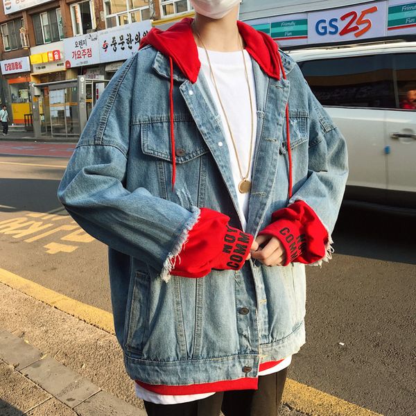 

autumn denim jacket men fashion casual fake two hooded denim jacket coat man streetwear wild loose hip hop bomber men, Black;brown