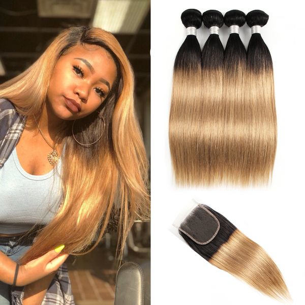 

t1b27 human hair 4 bundles with 4*4 lace closure straight ombre color honey blonde pre-colored indian extension, Black;brown