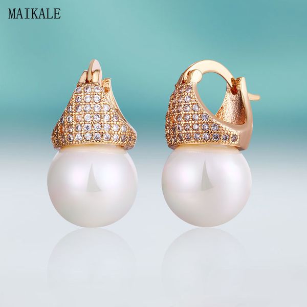 

maikale luxury crown zircon cz stud earrings with pearl gold silver cubic zirconia earings for women new fashion jewelry gift, Golden