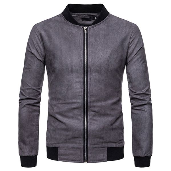 

pocket collar front contrast w/ color patchwork stand sleeve bomber suede jacket slim faux long autumn spring casual up men zip, Black