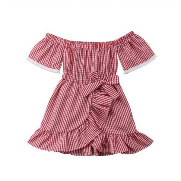 

summer kid baby girl clothing dresses off shoulder bowknot print dress plaid party clothes girls 1-5t, Red;yellow