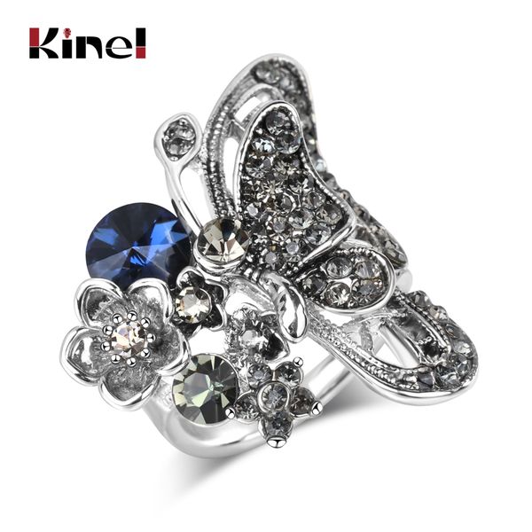 

kinel charm big butterfly ring antique silver mosaic blue crystal punk animal rings for women vintage jewelry party gifts, Golden;silver