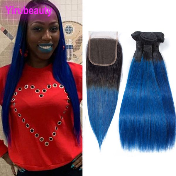 

indian virgin hair 3 bundles with 4x4 lace closure silky straight 1b/blue ombre human hair extensions 1b blue wholesale straight 4 pieces, Black;brown