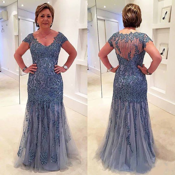 

2020 modest scoop neck mother of the bride cape sleeve shining crystal beaded mermaid floor length formal graduation dresses custom made, Blue;red