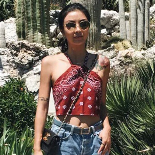 

european and american style womens retro summer crop 2018 sleeveless bandage camisole cool women printed halter, White