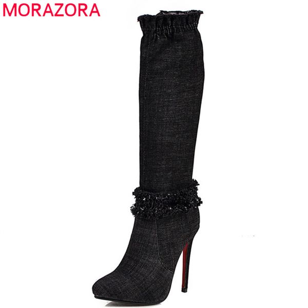 

morazora 2020 new arrival women knee high boots denim super high heels party wedding shoes autumn winter boots woman, Black
