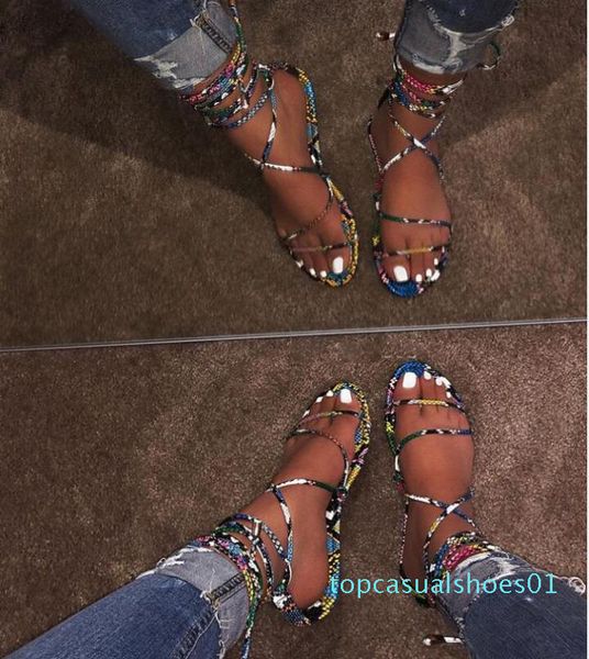 

2020 fashion women's flat sandals summer outside leopard snake print shoes ankle strap buckle strap gladiator sandals t01, Black