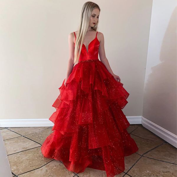 

amazing red tiered prom dresses sheer plunging neck a line beaded evening gowns plus size floor length tulle formal dress, Black