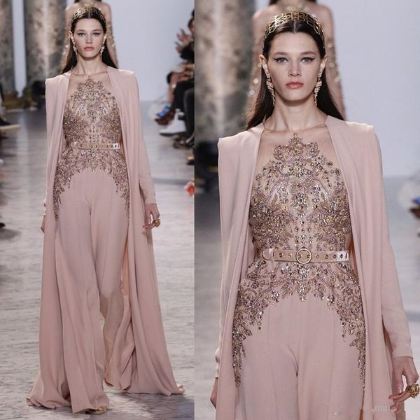 2020 Nuovi abiti Elie Saab Abiti da sera Maniche lunghe Scollo gioiello trasparente Abiti da sera con perline Abito formale in chiffon 2079