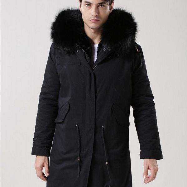 

2020 новый черный real меховой воротник с капюшоном мужские parka сгущает теплый меховой подкладке бекеше длинные куртки мужчины большой раз, Black