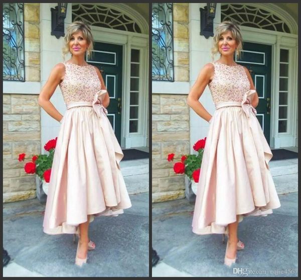 

2020 new jewel draped sequined satin tea length champagne wedding guest dress mother dresses high low mother of the bride dresses, White